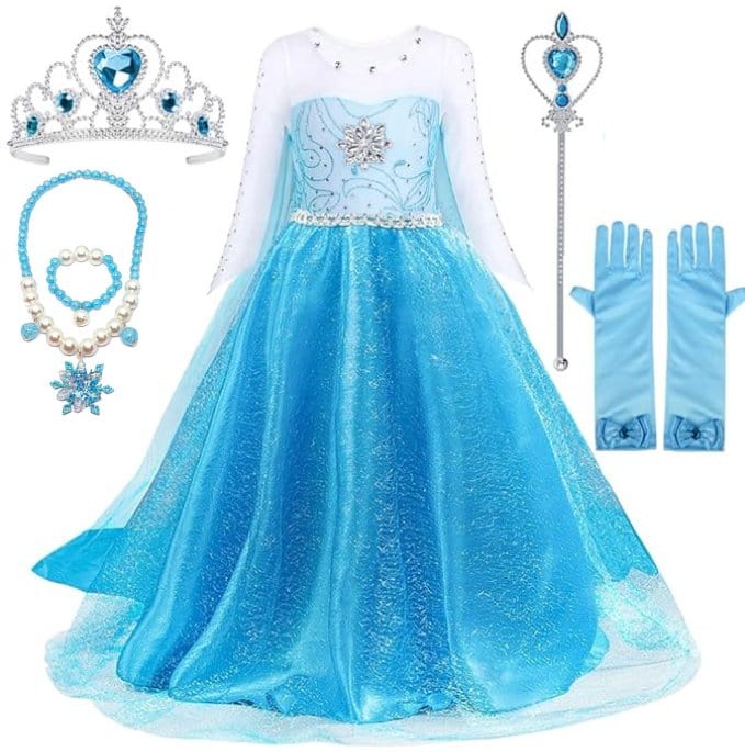 Rochita Elsa Frozen pentru copii, Set cu Coronita, Bijuterii si accesorii, EvrikaUnity®, Tesatura Premium, 3 - 4 ani, 110 cm, Albastru/ Turcoaz - costumecarnaval - serbare.ro