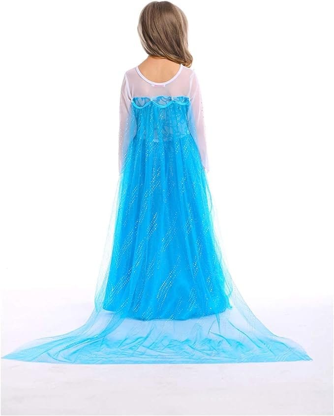 Rochita Elsa Frozen pentru copii, Set cu Coronita, Bijuterii si accesorii, EvrikaUnity®, Tesatura Premium, 3 - 4 ani, 110 cm, Albastru/ Turcoaz - costumecarnaval - serbare.ro
