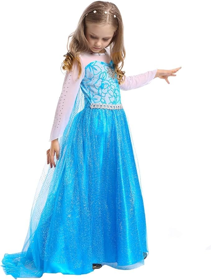 Rochita Elsa Frozen pentru copii, Set cu Coronita, Bijuterii si accesorii, EvrikaUnity®, Tesatura Premium, 6 - 7 ani, 140 cm, Albastru/ Turcoaz - costumecarnaval - serbare.ro
