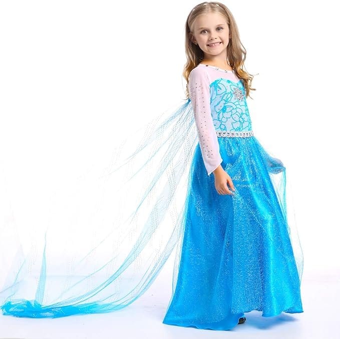 Rochita Elsa Frozen pentru copii, Set cu Coronita, Bijuterii si accesorii, EvrikaUnity®, Tesatura Premium, 6 - 7 ani, 140 cm, Albastru/ Turcoaz - costumecarnaval - serbare.ro