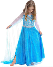 Rochita Elsa Frozen pentru copii, Set cu Coronita, Bijuterii si accesorii, EvrikaUnity®, Tesatura Premium, 6 - 7 ani, 140 cm, Albastru/ Turcoaz - costumecarnaval - serbare.ro