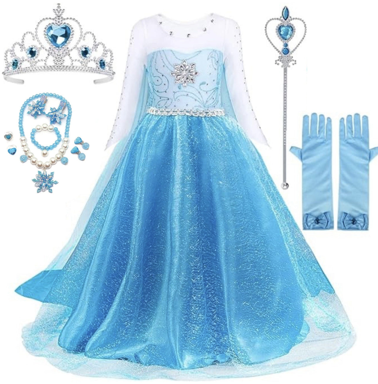 Rochita Elsa Frozen pentru Fete, Set cu Coronita, Bijuterii si accesorii, EvrikaUnity®, Tesatura Premium, 5 - 6 ani, 130 cm, Turcoaz - costumecarnaval - serbare.ro