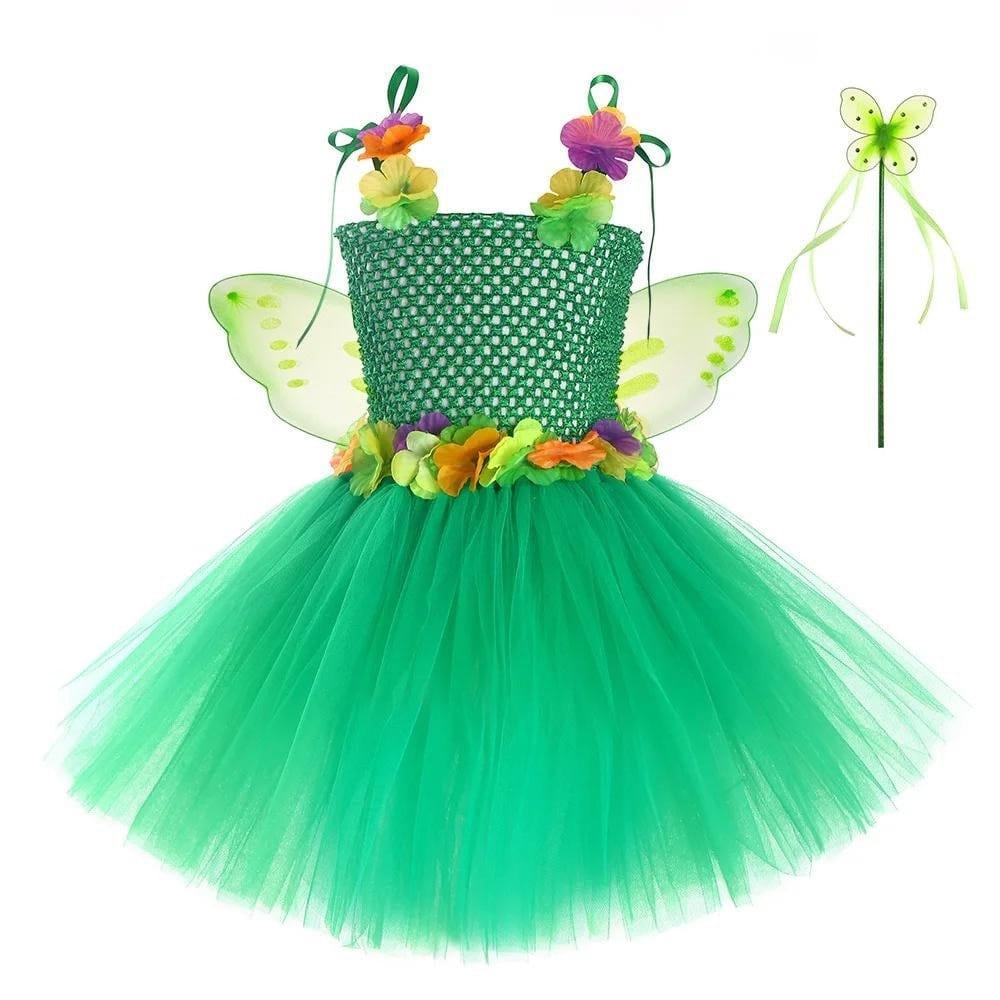 Rochita Fluture cu Flori pentru fete, Set cu aripi si bagheta, Tesatura fina, 5 - 6 ani, 130 cm, Verde - costumecarnaval - serbare.ro