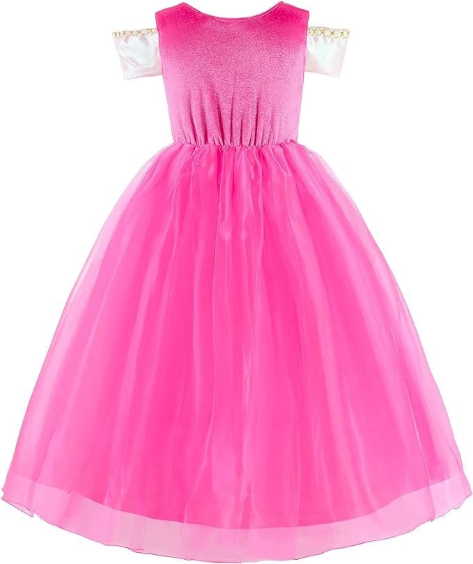 Rochita Printesa Aurora pentru copii, Set cu coronita si accesorii, EvrikaUnity®, Frumoasa din padurea adormita, Tesatura Premium, 5 - 6 ani, 130 cm, roz - costumecarnaval - serbare.ro