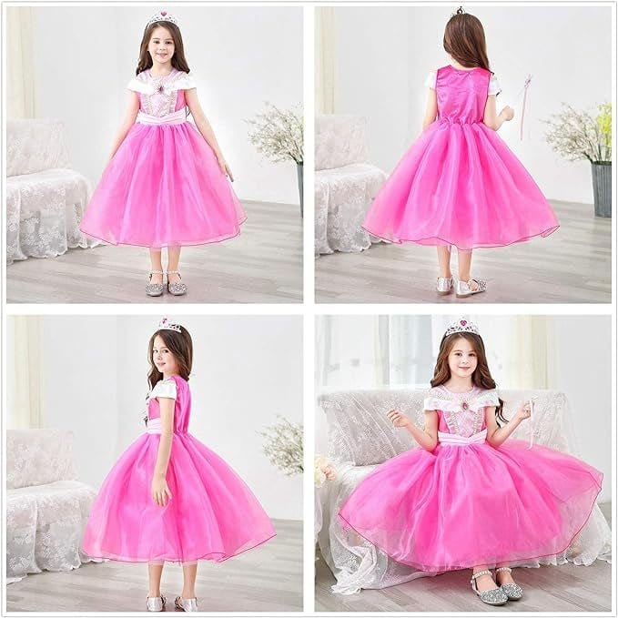 Rochita Printesa Aurora pentru copii, Set cu coronita si accesorii, EvrikaUnity®, Frumoasa din padurea adormita, Tesatura Premium, 5 - 6 ani, 130 cm, roz - costumecarnaval - serbare.ro