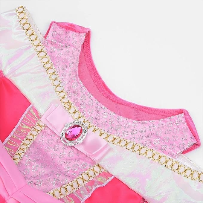 Rochita Printesa Aurora pentru copii, Set cu coronita si accesorii, EvrikaUnity®, Frumoasa din padurea adormita, Tesatura Premium, 5 - 6 ani, 130 cm, roz - costumecarnaval - serbare.ro