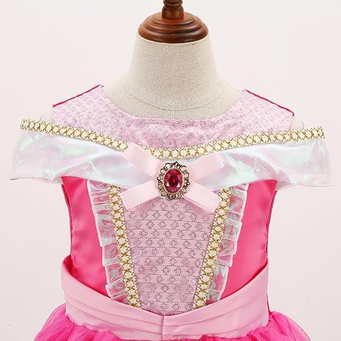 Rochita Printesa Aurora pentru copii, Set cu coronita si accesorii, EvrikaUnity®, Frumoasa din padurea adormita, Tesatura Premium, 5 - 6 ani, 130 cm, roz - costumecarnaval - serbare.ro