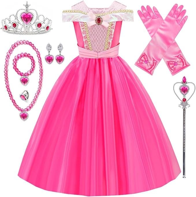 Rochita Printesa Aurora pentru copii, Set cu coronita si accesorii, EvrikaUnity®, Frumoasa din padurea adormita, Tesatura Premium, 6 - 7 ani, 140 cm, roz - costumecarnaval - serbare.ro
