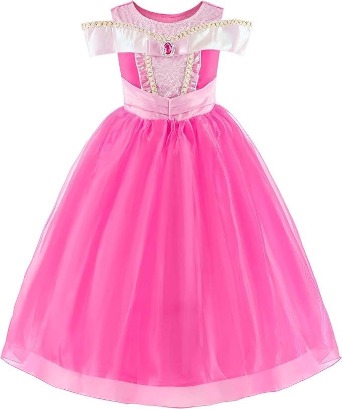 Rochita Printesa Aurora pentru copii, Set cu coronita si accesorii, EvrikaUnity®, Frumoasa din padurea adormita, Tesatura Premium, 6 - 7 ani, 140 cm, roz - costumecarnaval - serbare.ro