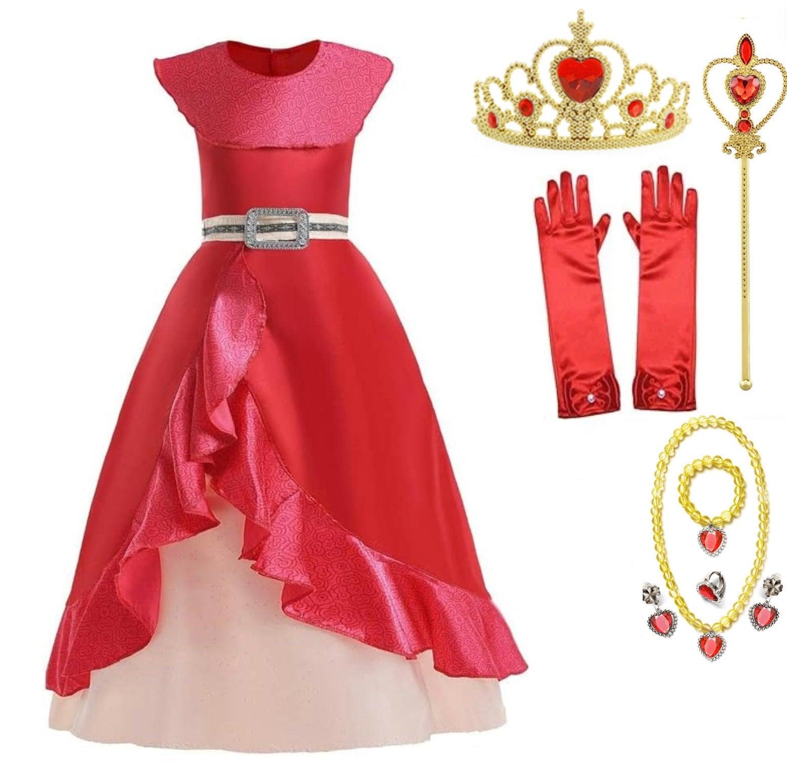 Rochita Printesa Elena din Avalor, Set cu Coronita si Accesorii, Tesatura Fina, 5 - 6 ani, 130 cm, Rosu - costumecarnaval - serbare.ro