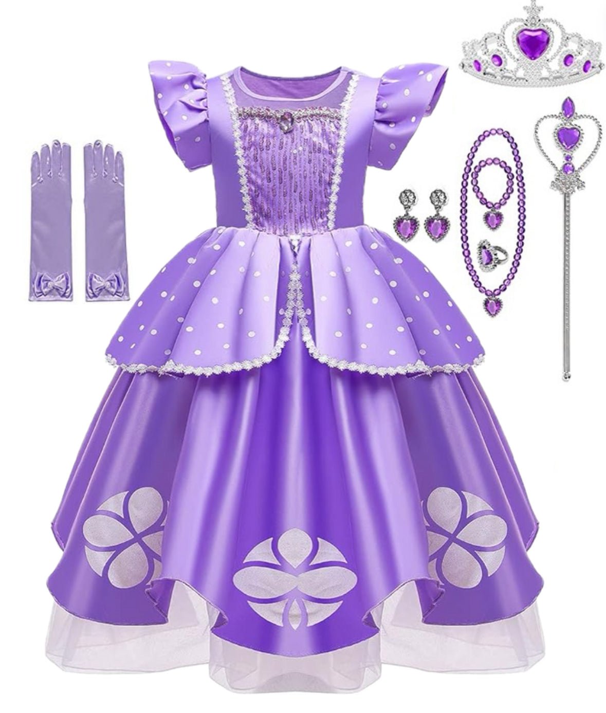 Rochita Printesa Sofia pentru copii, Set cu Coronita si accesorii, EvrikaUnity®, Tesatura Premium, 4 - 5 ani, 120 cm, Mov Royal - costumecarnaval - serbare.ro