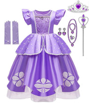 Rochita Printesa Sofia pentru copii, Set cu Coronita si accesorii, EvrikaUnity®, Tesatura Premium, 4 - 5 ani, 120 cm, Mov Royal - costumecarnaval - serbare.ro