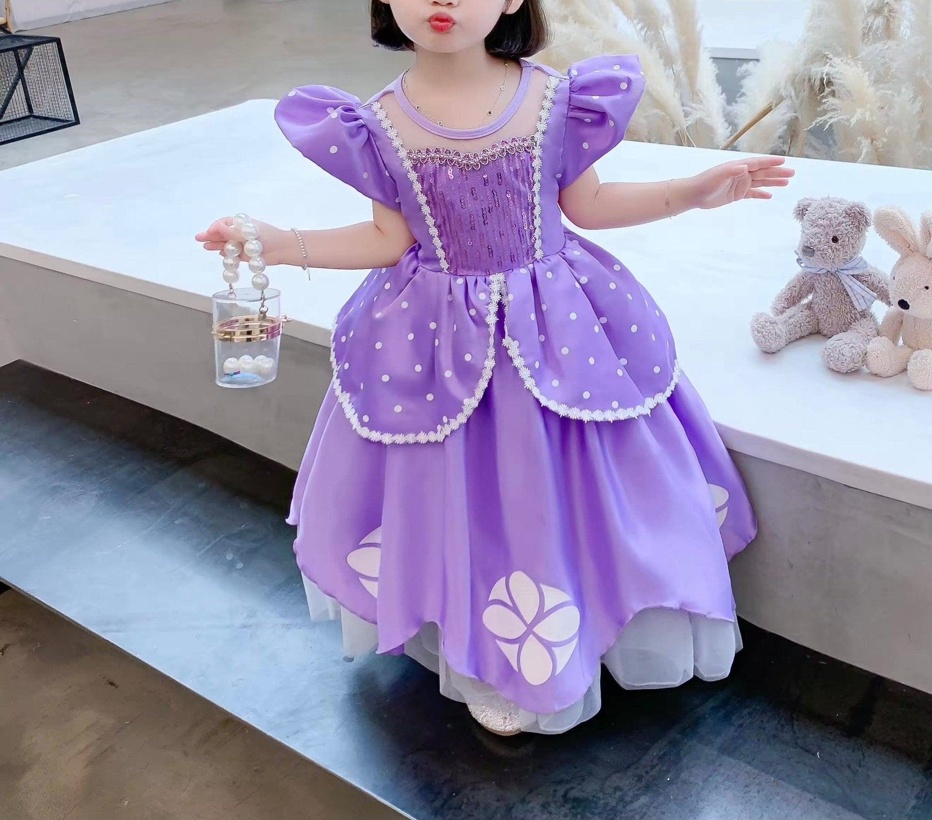 Rochita Printesa Sofia pentru copii, Set cu Coronita si accesorii, EvrikaUnity®, Tesatura Premium, 4 - 5 ani, 120 cm, Mov Royal - costumecarnaval - serbare.ro