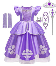 Rochita Printesa Sofia pentru copii, Set cu Coronita si accesorii, EvrikaUnity®, Tesatura Premium, 6 - 7 ani, 140 cm, Mov Royal - costumecarnaval - serbare.ro