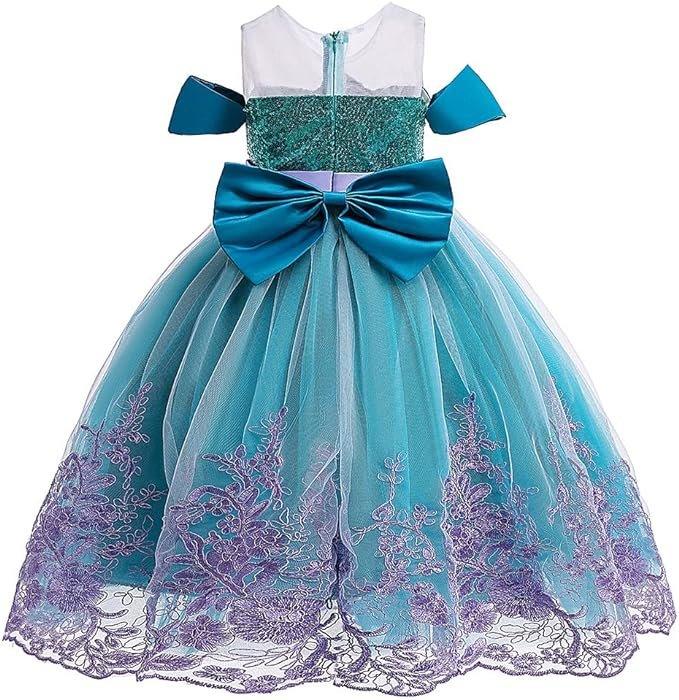 Rochita Sirena de Printesa pentru fete, Set cu Coronita si Accesorii, Tesatura fina, 5 - 6 ani, 130 cm, Verde smarald/ Mov - costumecarnaval - serbare.ro