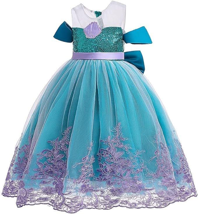 Rochita Sirena de Printesa pentru fete, Set cu Coronita si Accesorii, Tesatura fina, 6 - 7 ani, 140 cm, Verde smarald/ Mov - costumecarnaval - serbare.ro