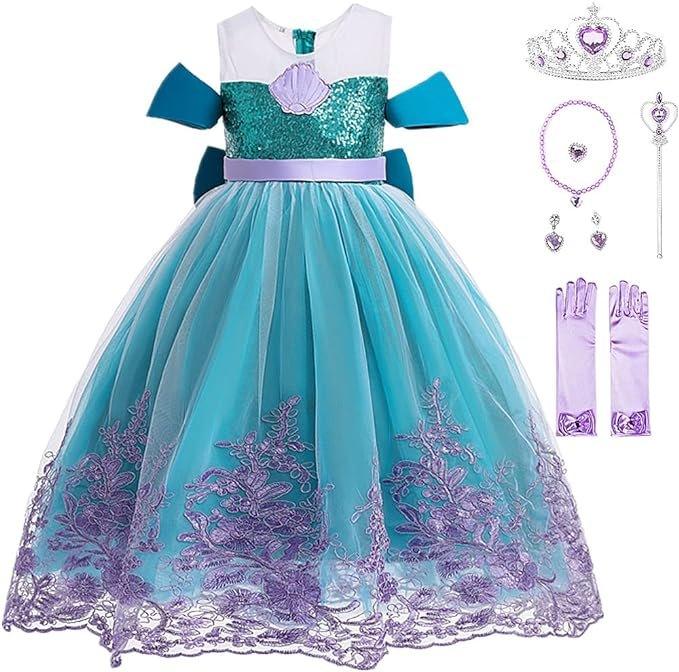 Rochita Sirena de Printesa pentru fete, Set cu Coronita si Accesorii, Tesatura fina, 6 - 7 ani, 140 cm, Verde smarald/ Mov - costumecarnaval - serbare.ro