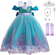 Rochita Sirena de Printesa pentru fete, Set cu Coronita si Accesorii, Tesatura fina, 6 - 7 ani, 140 cm, Verde smarald/ Mov - costumecarnaval - serbare.ro