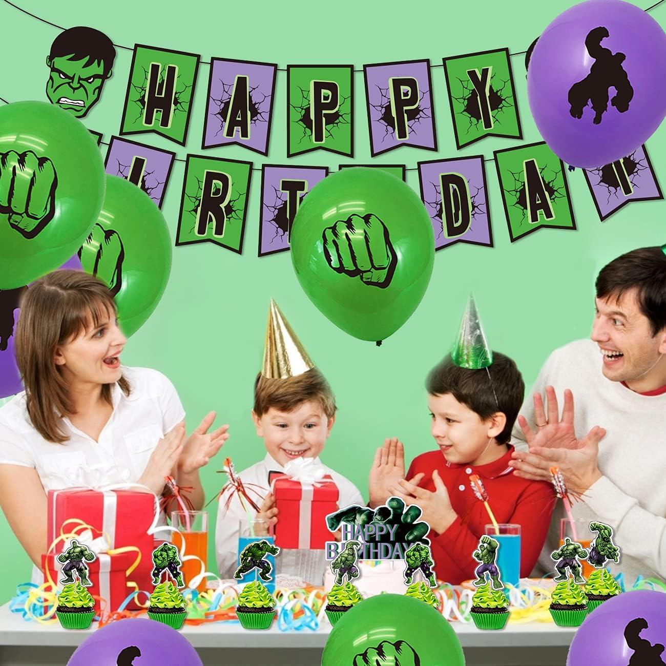 Set 16 baloane copii, Hulk, Petrecere Aniversara, Latex, 1 Banner Happy Birthday, 24 Cupcake Topper, 1 Cake Topper, Verde / Mov - costumecarnaval - serbare.ro