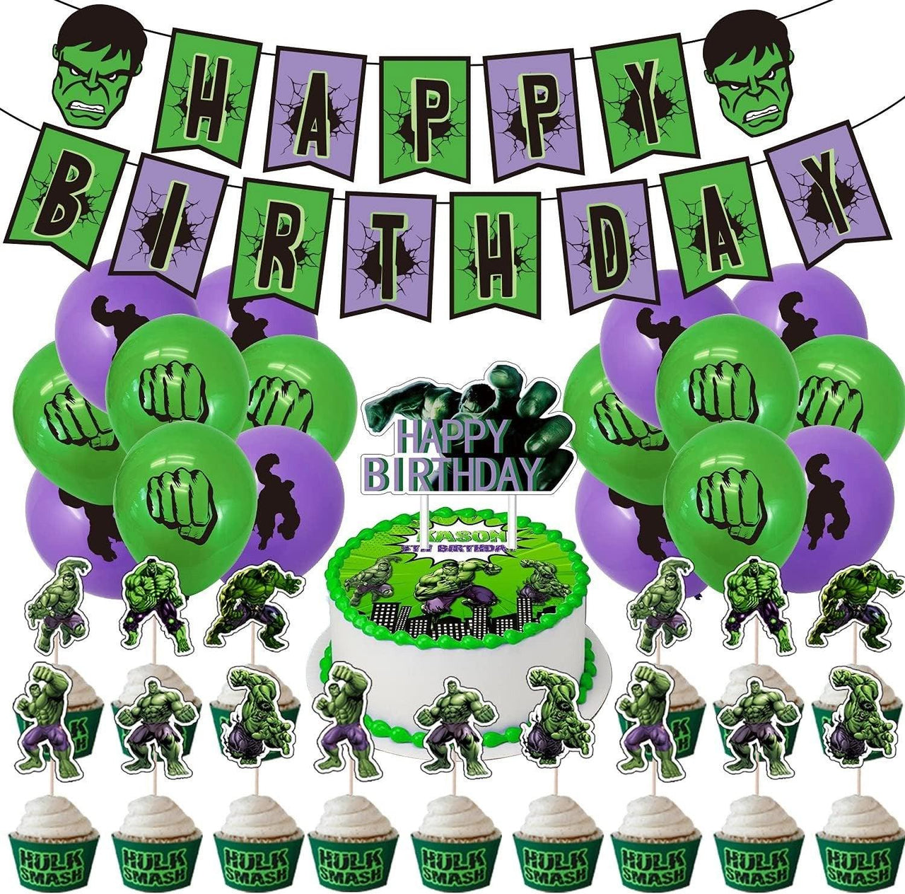 Set 16 baloane copii, Hulk, Petrecere Aniversara, Latex, 1 Banner Happy Birthday, 24 Cupcake Topper, 1 Cake Topper, Verde / Mov - costumecarnaval - serbare.ro