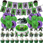 Set 16 baloane copii, Hulk, Petrecere Aniversara, Latex, 1 Banner Happy Birthday, 24 Cupcake Topper, 1 Cake Topper, Verde / Mov - costumecarnaval - serbare.ro