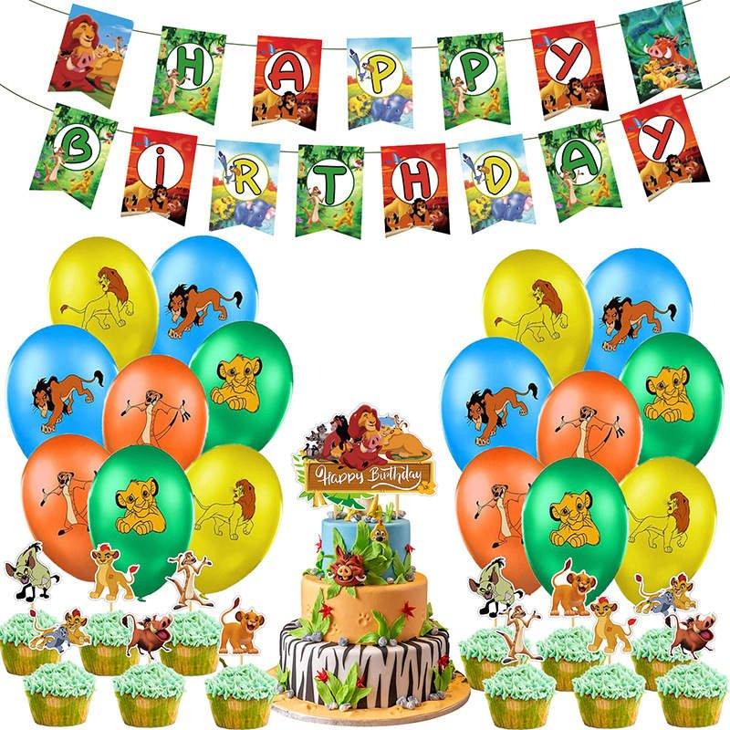 Set 16 baloane copii, Regele Leu, Petrecere Aniversara, Latex, 1 Banner Happy Birthday, 24 Cupcake Topper, 1 Cake Topper, Multicolor - costumecarnaval - serbare.ro