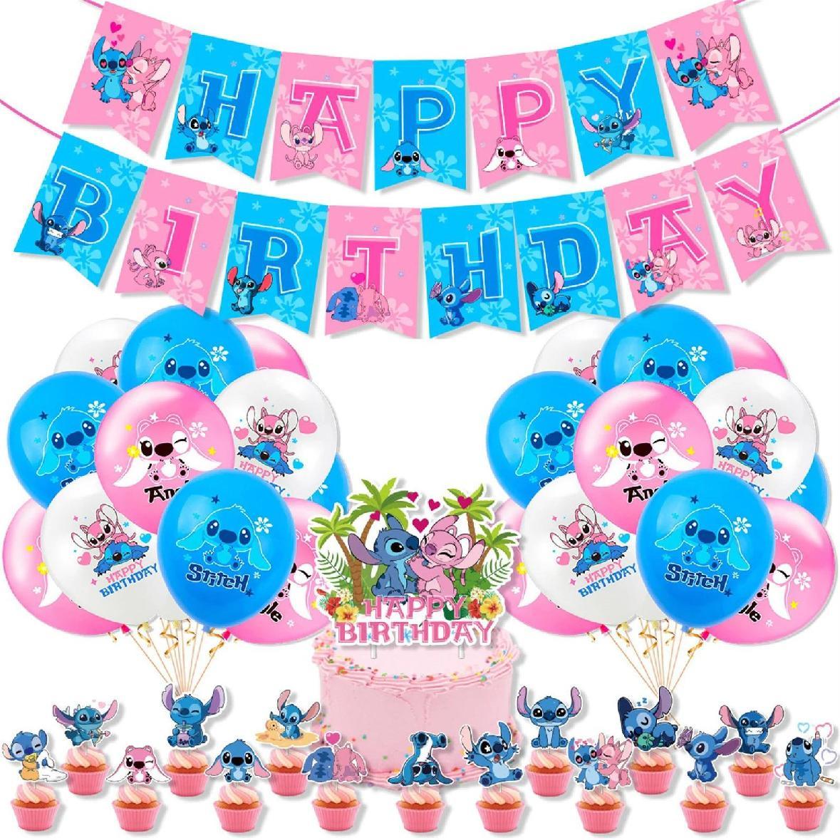 Set 18 baloane copii, Lilo si Stitch, Petrecere Aniversara, Latex, 1 Banner Happy Birthday, 15 Cupcake Topper, 1 Cake Topper, Alb/ Albastru/ Roz - costumecarnaval - serbare.ro