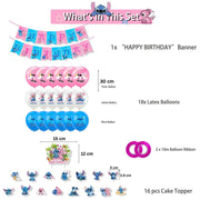 Set 18 baloane copii, Lilo si Stitch, Petrecere Aniversara, Latex, 1 Banner Happy Birthday, 15 Cupcake Topper, 1 Cake Topper, Alb/ Albastru/ Roz - costumecarnaval - serbare.ro