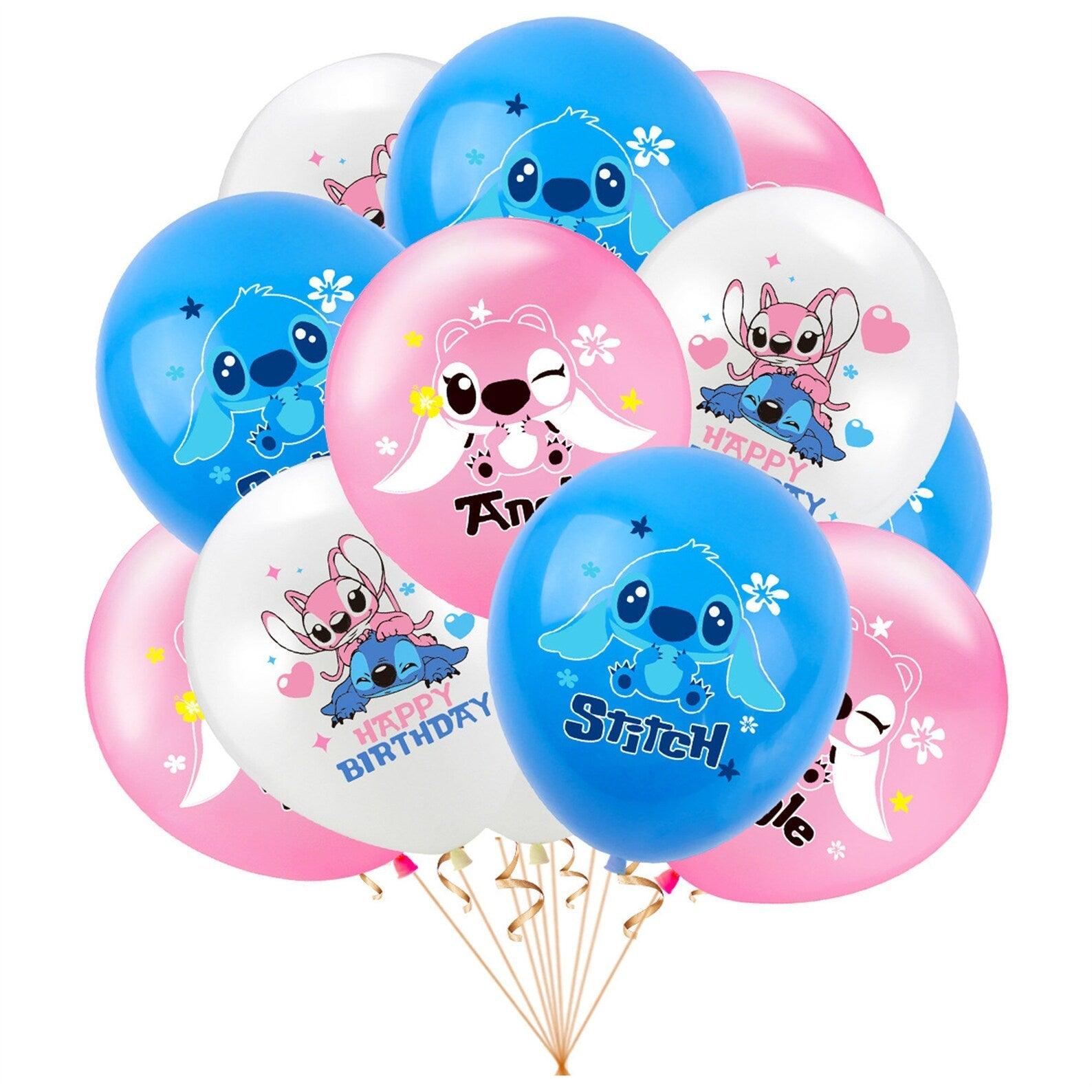 Set 18 baloane copii, Lilo si Stitch, Petrecere Aniversara, Latex, 1 Banner Happy Birthday, 15 Cupcake Topper, 1 Cake Topper, Alb/ Albastru/ Roz - costumecarnaval - serbare.ro