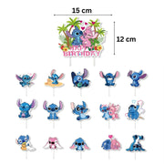 Set 18 baloane copii, Lilo si Stitch, Petrecere Aniversara, Latex, 1 Banner Happy Birthday, 15 Cupcake Topper, 1 Cake Topper, Alb/ Albastru/ Roz - costumecarnaval - serbare.ro