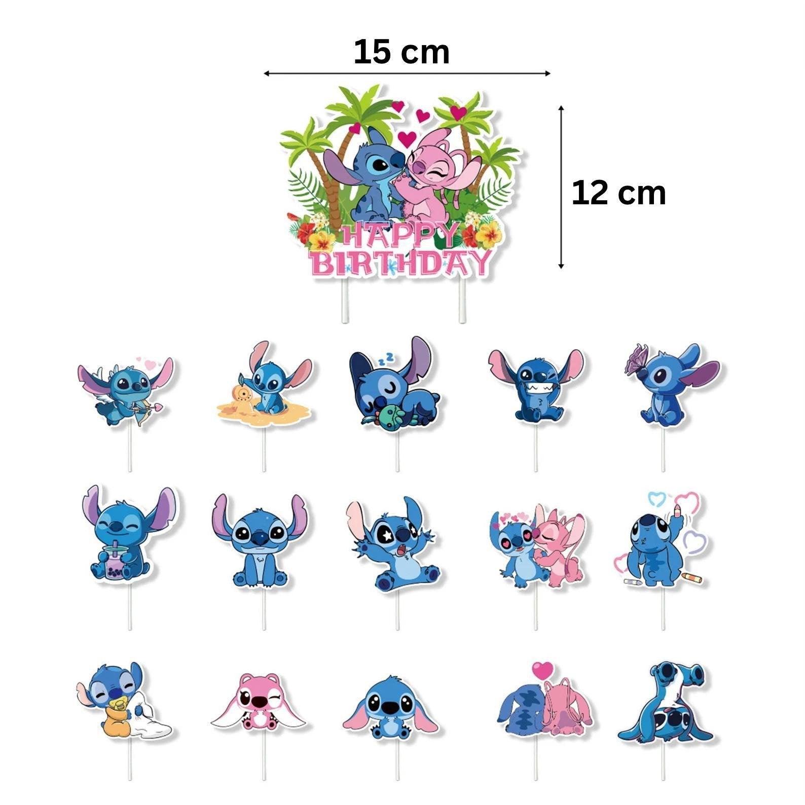 Set 18 baloane copii, Lilo si Stitch, Petrecere Aniversara, Latex, 1 Banner Happy Birthday, 15 Cupcake Topper, 1 Cake Topper, Alb/ Albastru/ Roz - costumecarnaval - serbare.ro