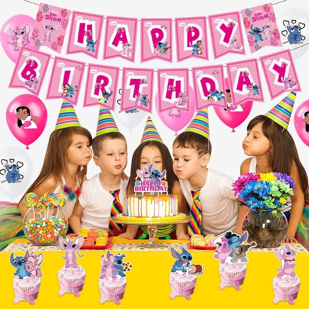 Set 18 baloane copii, Lilo & Stitch, Petrecere Aniversara, Latex, 1 Banner Happy Birthday, 12 Cupcake Topper, 1 Cake Topper, Roz/ Alb - costumecarnaval - serbare.ro