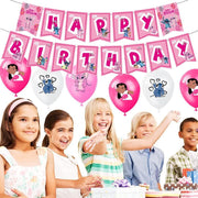 Set 18 baloane copii, Lilo & Stitch, Petrecere Aniversara, Latex, 1 Banner Happy Birthday, 12 Cupcake Topper, 1 Cake Topper, Roz/ Alb - costumecarnaval - serbare.ro