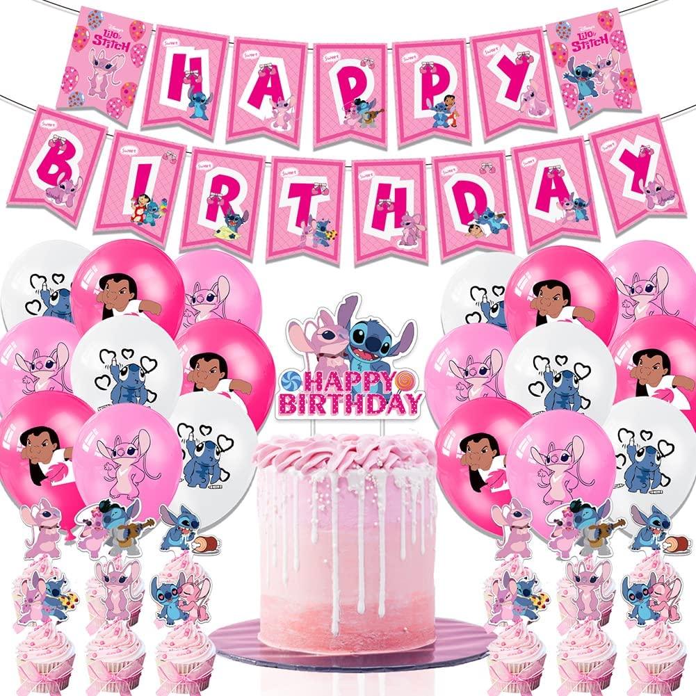 Set 18 baloane copii, Lilo & Stitch, Petrecere Aniversara, Latex, 1 Banner Happy Birthday, 12 Cupcake Topper, 1 Cake Topper, Roz/ Alb - costumecarnaval - serbare.ro