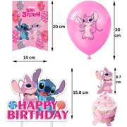 Set 18 baloane copii, Lilo & Stitch, Petrecere Aniversara, Latex, 1 Banner Happy Birthday, 12 Cupcake Topper, 1 Cake Topper, Roz/ Alb - costumecarnaval - serbare.ro