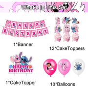 Set 18 baloane copii, Lilo & Stitch, Petrecere Aniversara, Latex, 1 Banner Happy Birthday, 12 Cupcake Topper, 1 Cake Topper, Roz/ Alb - costumecarnaval - serbare.ro