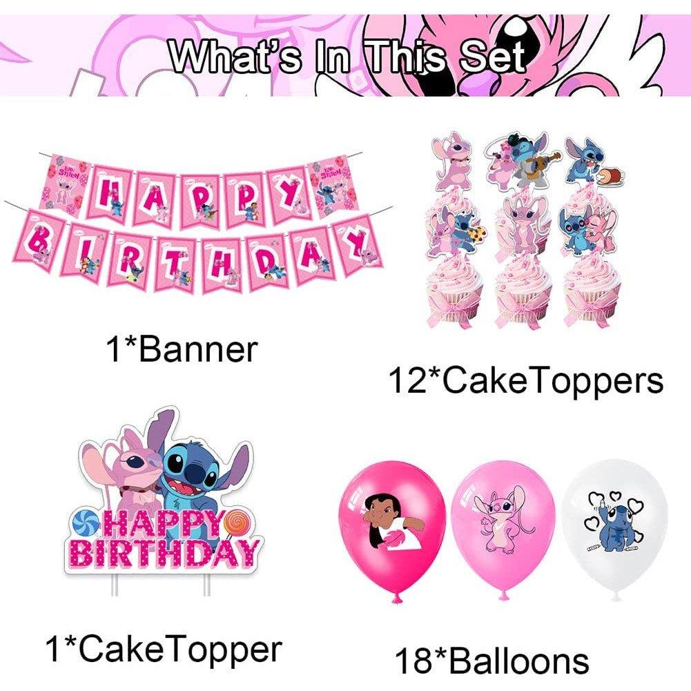 Set 18 baloane copii, Lilo & Stitch, Petrecere Aniversara, Latex, 1 Banner Happy Birthday, 12 Cupcake Topper, 1 Cake Topper, Roz/ Alb - costumecarnaval - serbare.ro