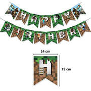Set 18 baloane copii, Minecraft, Petrecere Aniversara, Latex, 1 Banner Happy Birthday, 14 Cupcake topper, 1 Cake Topper, Verde / Albastru - costumecarnaval - serbare.ro