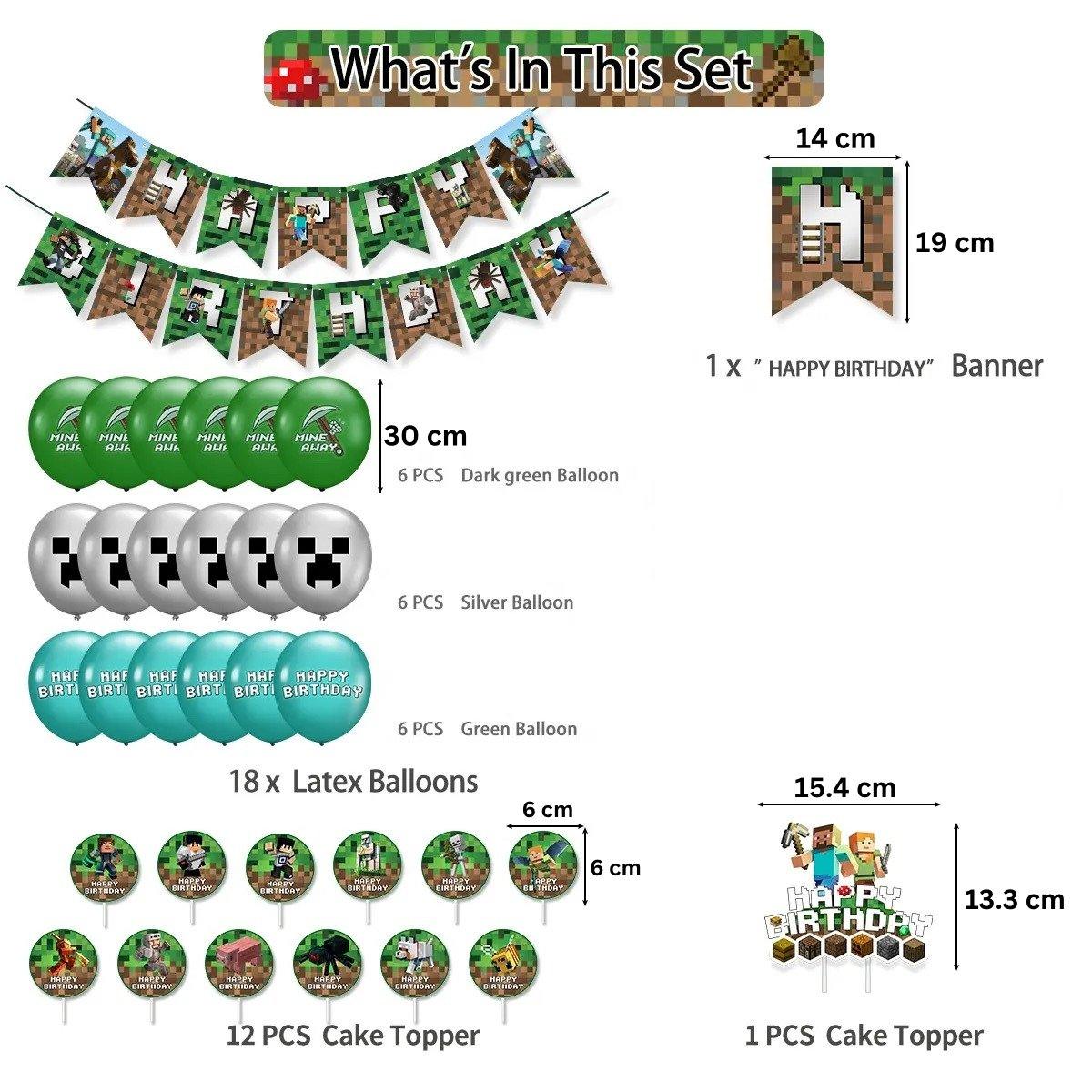 Set 18 baloane copii, Minecraft, Petrecere Aniversara, Latex, 1 Banner Happy Birthday, 14 Cupcake topper, 1 Cake Topper, Verde / Albastru - costumecarnaval - serbare.ro