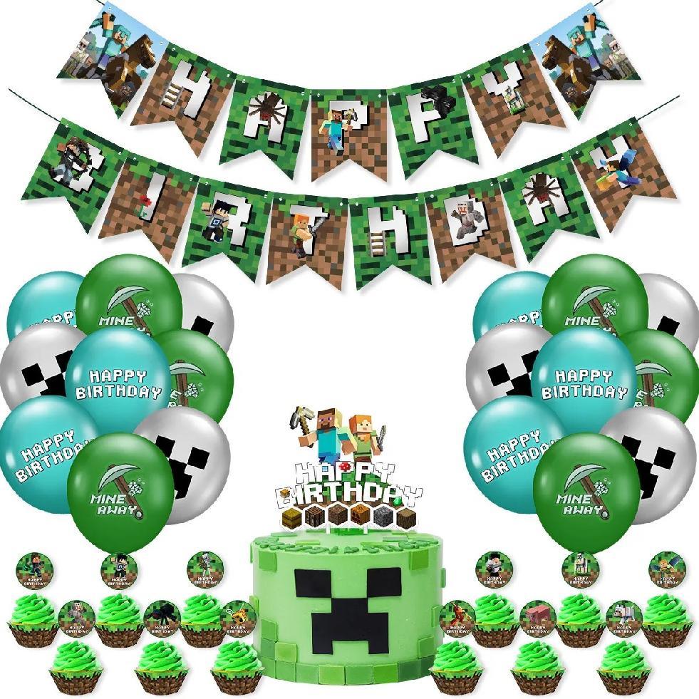 Set 18 baloane copii, Minecraft, Petrecere Aniversara, Latex, 1 Banner Happy Birthday, 14 Cupcake topper, 1 Cake Topper, Verde / Albastru - costumecarnaval - serbare.ro