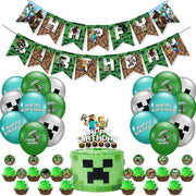 Set 18 baloane copii, Minecraft, Petrecere Aniversara, Latex, 1 Banner Happy Birthday, 14 Cupcake topper, 1 Cake Topper, Verde / Albastru - costumecarnaval - serbare.ro