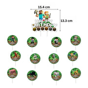 Set 18 baloane copii, Minecraft, Petrecere Aniversara, Latex, 1 Banner Happy Birthday, 14 Cupcake topper, 1 Cake Topper, Verde / Albastru - costumecarnaval - serbare.ro