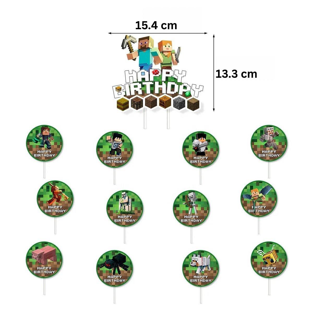 Set 18 baloane copii, Minecraft, Petrecere Aniversara, Latex, 1 Banner Happy Birthday, 14 Cupcake topper, 1 Cake Topper, Verde / Albastru - costumecarnaval - serbare.ro