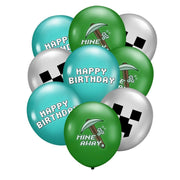 Set 18 baloane copii, Minecraft, Petrecere Aniversara, Latex, 1 Banner Happy Birthday, 14 Cupcake topper, 1 Cake Topper, Verde / Albastru - costumecarnaval - serbare.ro