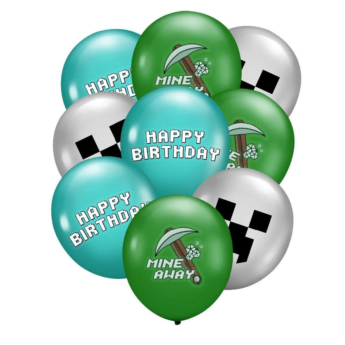 Set 18 baloane copii, Minecraft, Petrecere Aniversara, Latex, 1 Banner Happy Birthday, 14 Cupcake topper, 1 Cake Topper, Verde / Albastru - costumecarnaval - serbare.ro