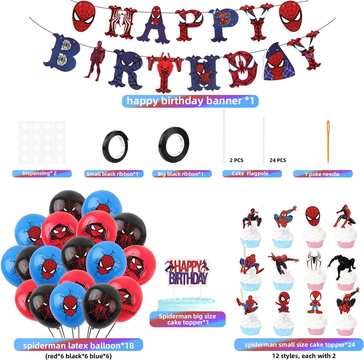 Set 18 baloane copii, Spiderman, Petrecere Aniversara, Latex, 1 Banner Happy Birthday,24 Cupcake topper, 1Cake Topper, Multicolor - costumecarnaval - serbare.ro