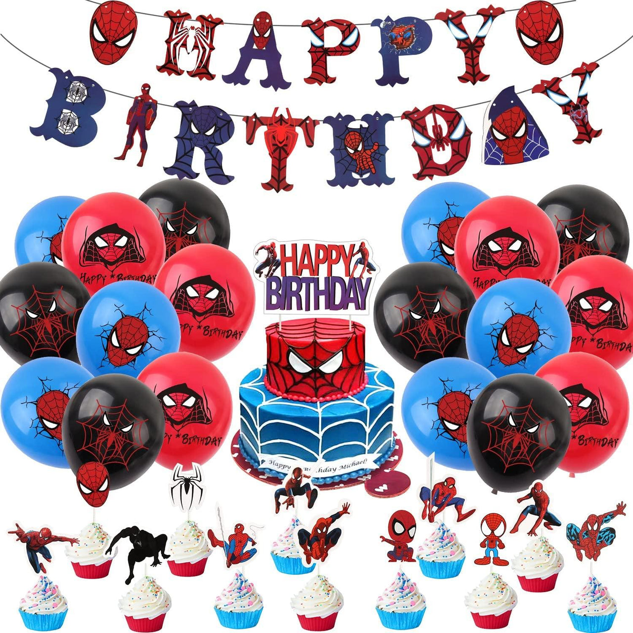Set 18 baloane copii, Spiderman, Petrecere Aniversara, Latex, 1 Banner Happy Birthday,24 Cupcake topper, 1Cake Topper, Multicolor - costumecarnaval - serbare.ro
