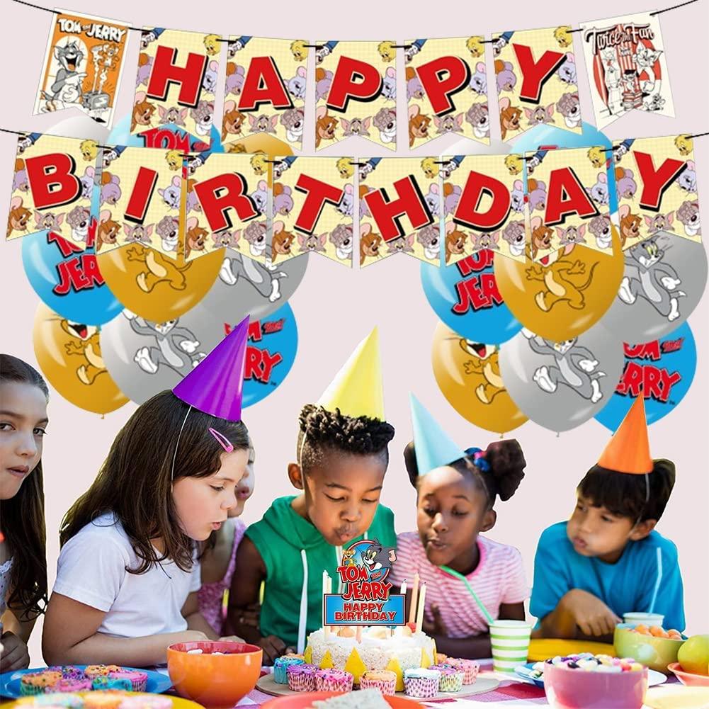 Set 18 baloane copii, Tom & Jerry, Petrecere Aniversara, Latex, 1 Banner Happy Birthday, 12 Cupcake Topper, 1 Cake Topper, Multicolor - costumecarnaval - serbare.ro