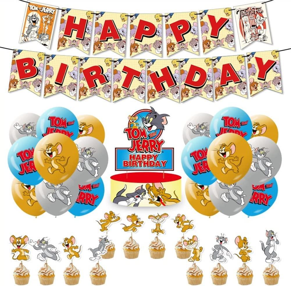 Set 18 baloane copii, Tom & Jerry, Petrecere Aniversara, Latex, 1 Banner Happy Birthday, 12 Cupcake Topper, 1 Cake Topper, Multicolor - costumecarnaval - serbare.ro