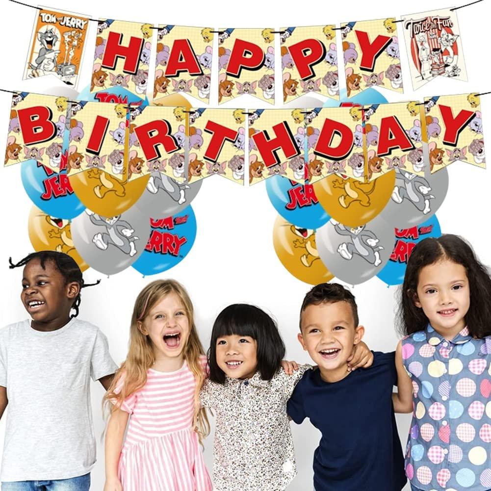 Set 18 baloane copii, Tom & Jerry, Petrecere Aniversara, Latex, 1 Banner Happy Birthday, 12 Cupcake Topper, 1 Cake Topper, Multicolor - costumecarnaval - serbare.ro